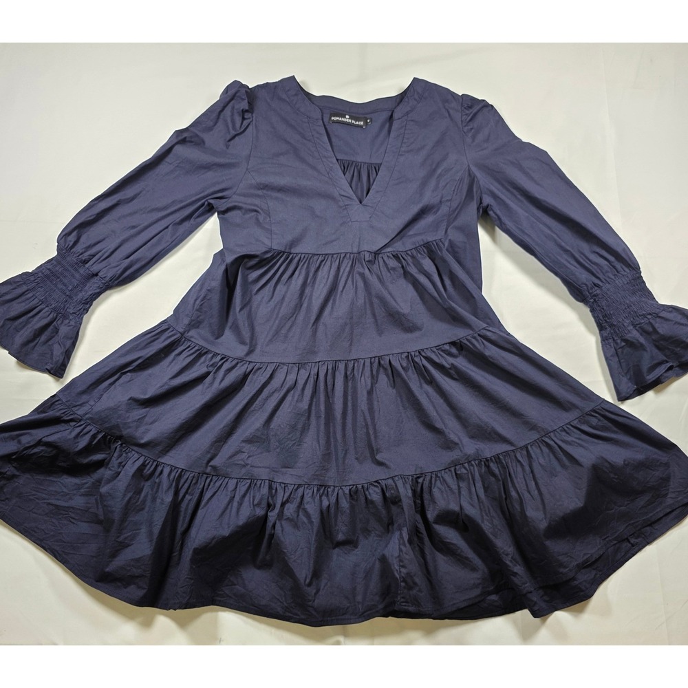Pomander Place Navy Blue Kenzo‎ Tiered Cotton Poplin Mini Dress Cuffs Medium